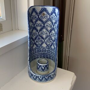 Vintage blue India floral porcelain candle holder wall sconce OOAK